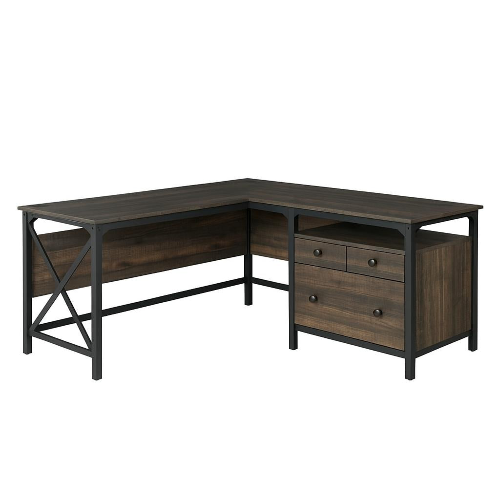 SAUDER Steel River 66.063 in. Engineered Wood 3-Drawer L-Shaped Carbon Oak Computer Desk with Metal Frame