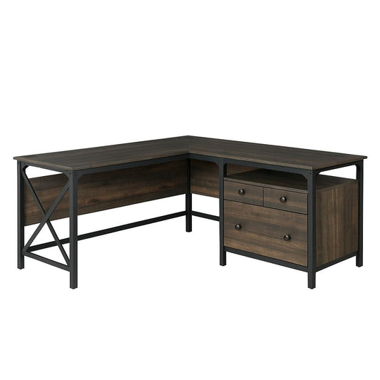 SAUDER Steel River 66.063 in. Engineered Wood 3-Drawer L-Shaped Carbon Oak Computer Desk with Metal Frame