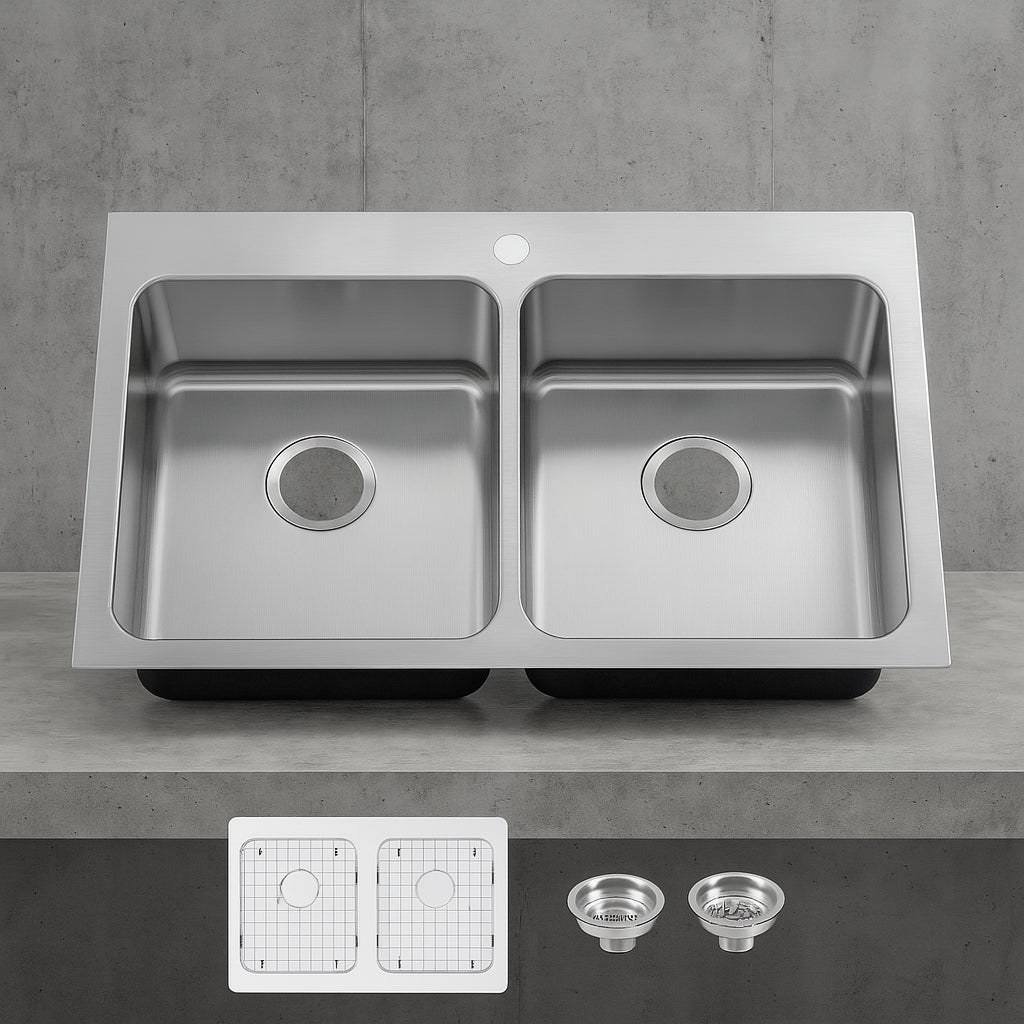 Bratten 33 in. Drop-In 50/50 Double Bowl 18 Gauge Stainless Steel Kitchen Sink with Accessories