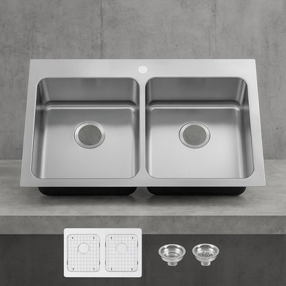 Bratten 33 in. Drop-In 50/50 Double Bowl 18 Gauge Stainless Steel Kitchen Sink with Accessories