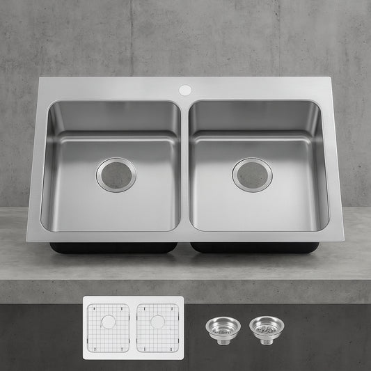 Bratten 33 in. Drop-In 50/50 Double Bowl 18 Gauge Stainless Steel Kitchen Sink with Accessories
