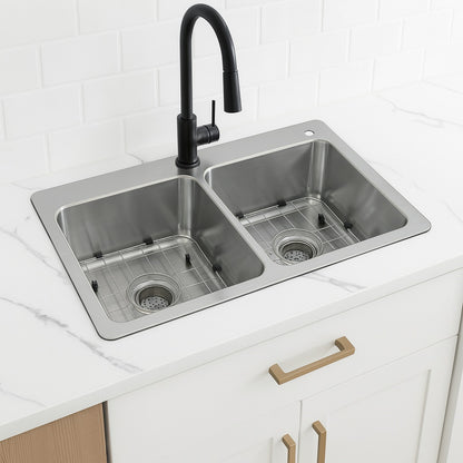 Bratten 33 in. Drop-In 50/50 Double Bowl 18 Gauge Stainless Steel Kitchen Sink with Accessories