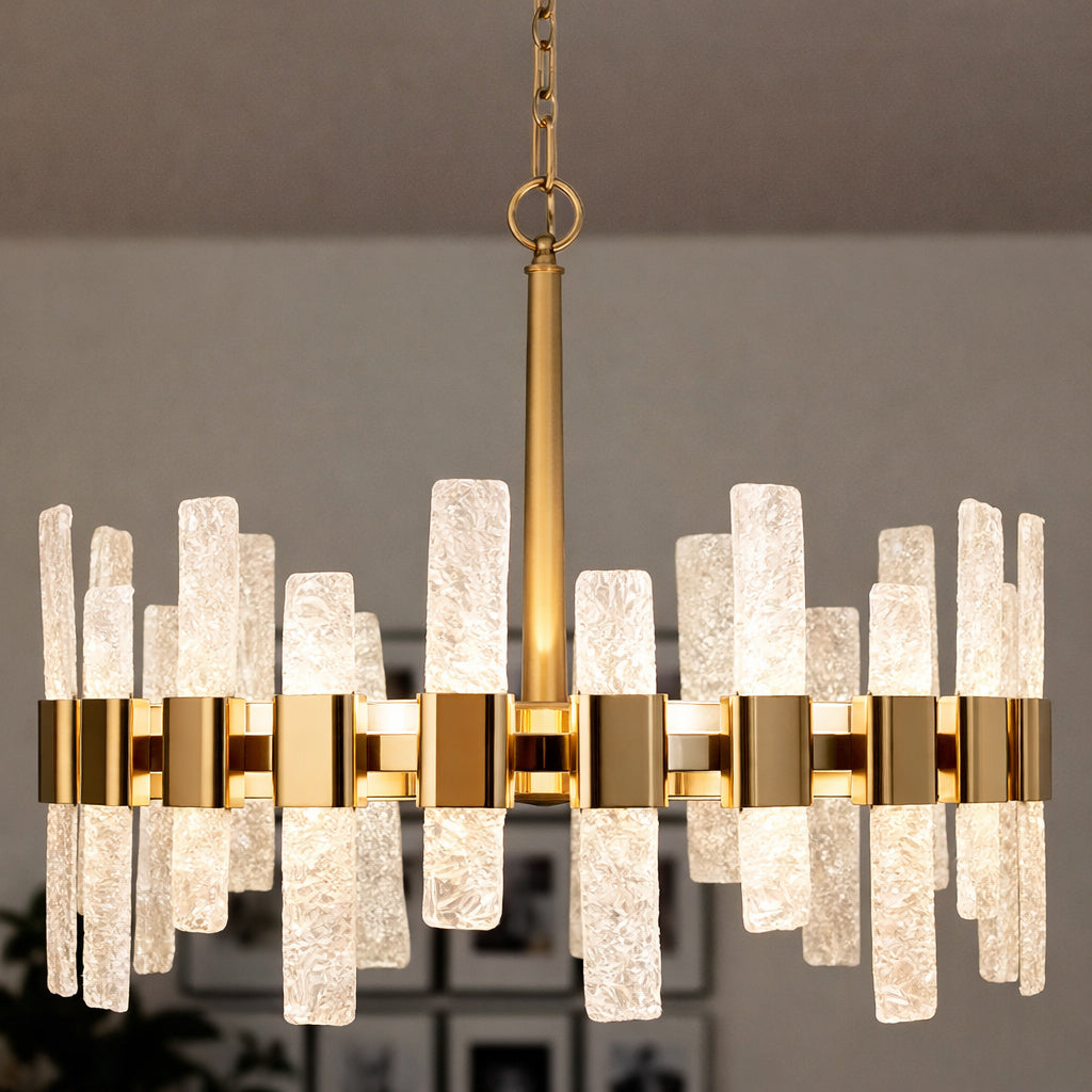 Uolfin Mid Century Modern Gold Kitchen Island Chandelier 6 Light Glam Dining Room Ceiling Light with Icing Glass Strip