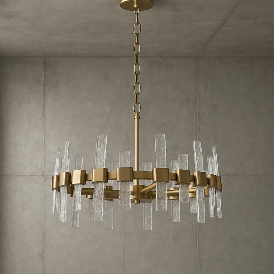Uolfin Mid-Century Modern Gold Kitchen Island Chandelier, 6-Light Glam Dining Room Ceiling Light with Icing Glass Strips