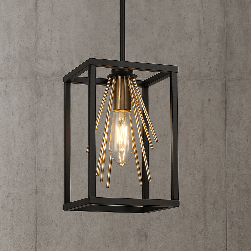 LNC Harry Black Gold Sputnik Pendant Light, Modern Industrial 1-Light Kitchen Island Mini Square Cage Chandelier Lighting