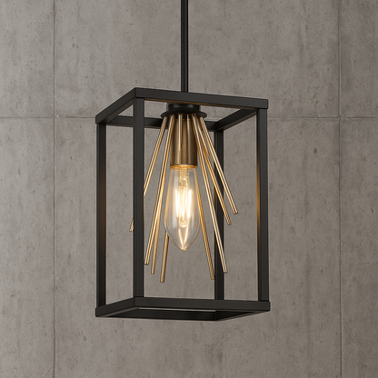 LNC Harry Black Gold Sputnik Pendant Light, Modern Industrial 1-Light Kitchen Island Mini Square Cage Chandelier Lighting