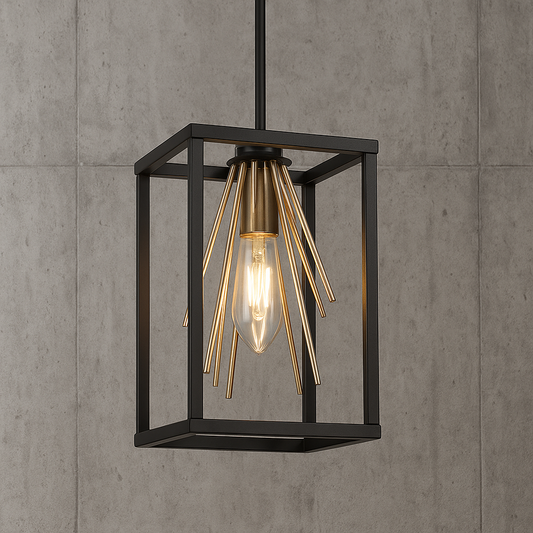 LNC Harry Black Gold Sputnik Pendant Light, Modern Industrial 1-Light Kitchen Island Mini Square Cage Chandelier Lighting