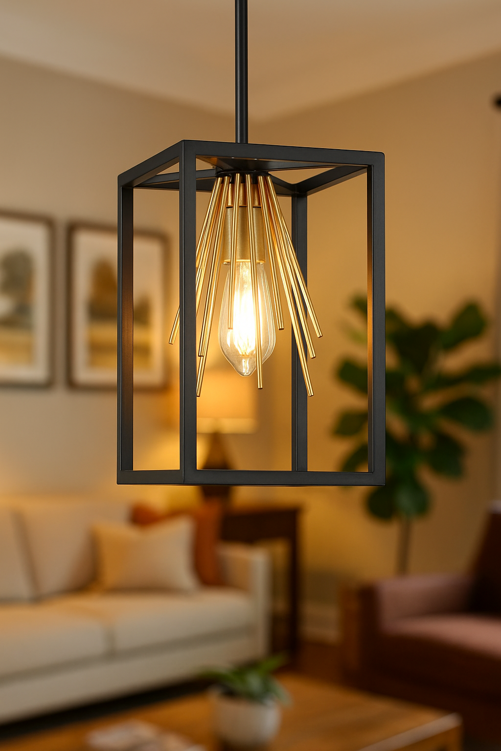 LNC Harry Black Gold Sputnik Pendant Light, Modern Industrial 1-Light Kitchen Island Mini Square Cage Chandelier Lighting