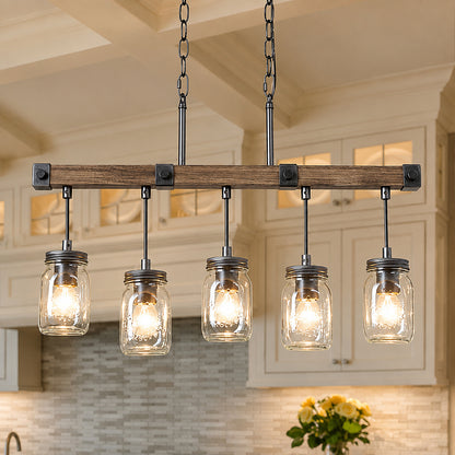 LNC Morice Modern Farmhouse Linear Chandelier 5 Light Rustic Black Classic Mason Jar Island Pendant with Faux Wood Accent RIUIFUHD1385167