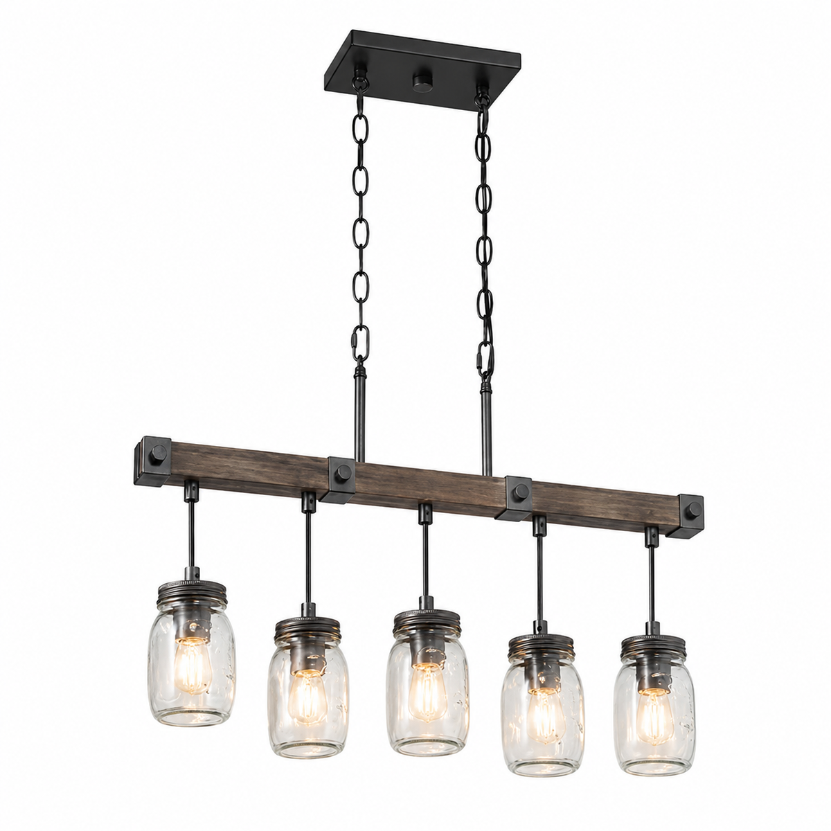 LNC Morice Modern Farmhouse Linear Chandelier 5 Light Rustic Black Classic Mason Jar Island Pendant with Faux Wood Accent RIUIFUHD1385167