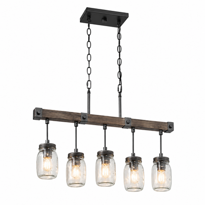 LNC Morice Modern Farmhouse Linear Chandelier 5 Light Rustic Black Classic Mason Jar Island Pendant with Faux Wood Accent RIUIFUHD1385167