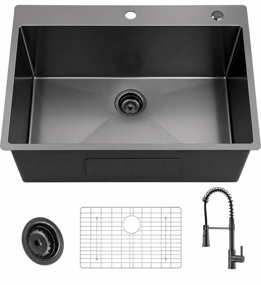 Glacier Bay 33 in Drop In Single Bowl 18 Gauge Gunmetal Black Stainless Steel Kitchen Sink