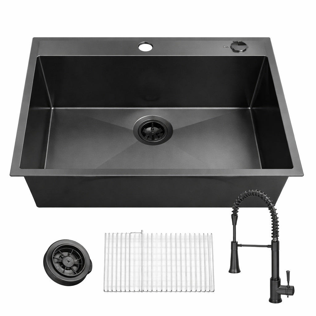 Glacier Bay 33 in Drop In Single Bowl 18 Gauge Gunmetal Black Stainless Steel Kitchen Sink with Black Spring Neck Faucet
