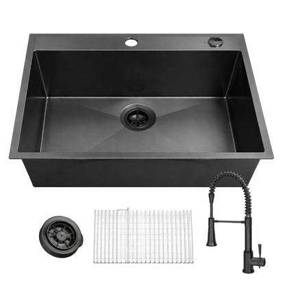 Glacier Bay 33 in Drop In Single Bowl 18 Gauge Gunmetal Black Stainless Steel Kitchen Sink with Black Spring Neck Faucet