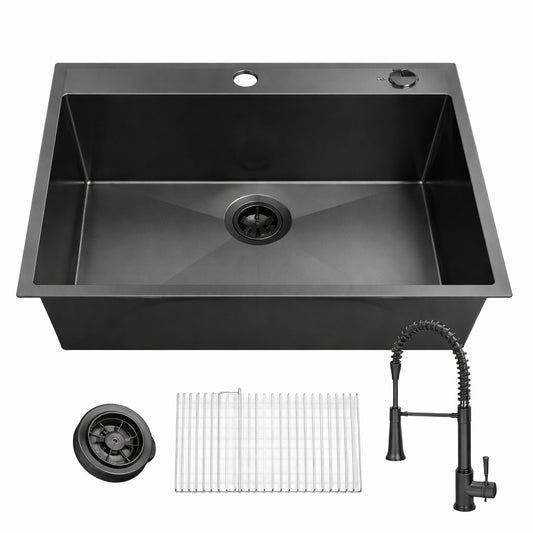 Glacier Bay 33 in Drop In Single Bowl 18 Gauge Gunmetal Black Stainless Steel Kitchen Sink with Black Spring Neck Faucet