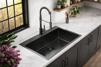 Glacier Bay 33 in Drop In Single Bowl 18 Gauge Gunmetal Black Stainless Steel Kitchen Sink with Black Spring Neck Faucet