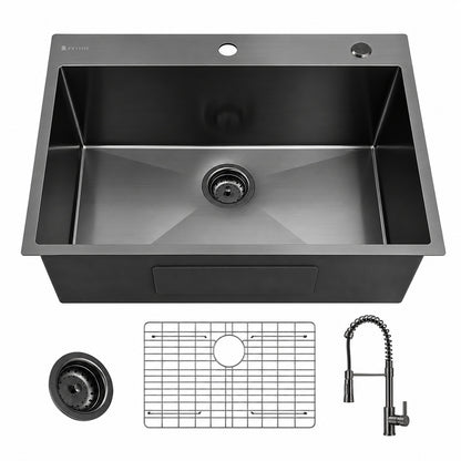 Glacier Bay 30 in Drop In Single Bowl Kitchen Sink Gunmetal Black PVD Finish 18 Gauge 304 Stainless Steel Spring Faucet Included ACS3022A1T F