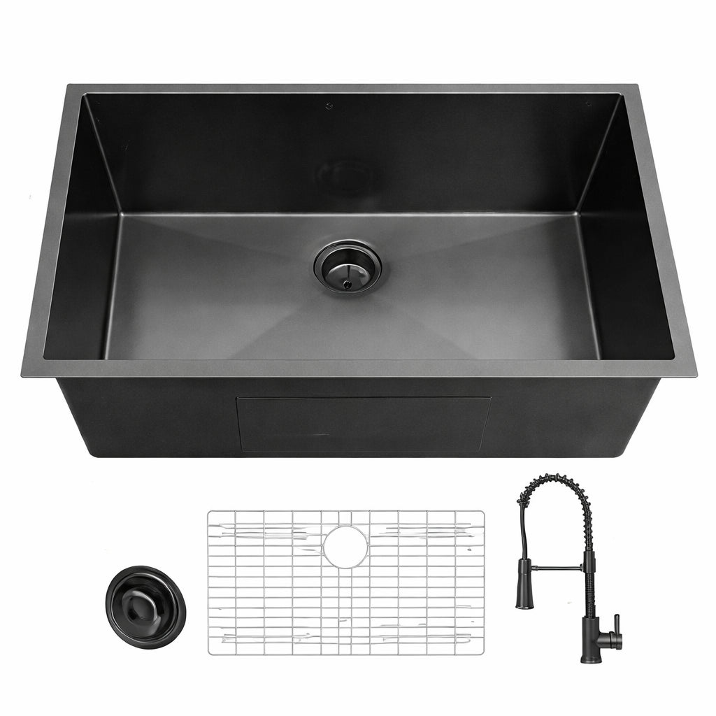 Glacier Bay 27 in Undermount Single Bowl 18 Gauge Gunmetal Black Stainless Steel Kitchen Sink with Black Spring Neck Faucet