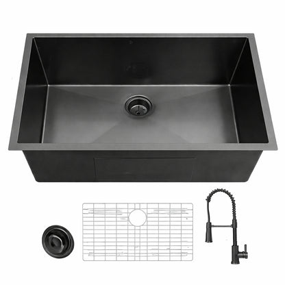 Glacier Bay 27 in Undermount Single Bowl 18 Gauge Gunmetal Black Stainless Steel Kitchen Sink with Black Spring Neck Faucet
