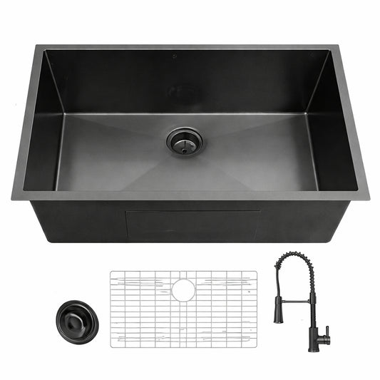 Glacier Bay 27 in Undermount Single Bowl 18 Gauge Gunmetal Black Stainless Steel Kitchen Sink with Black Spring Neck Faucet