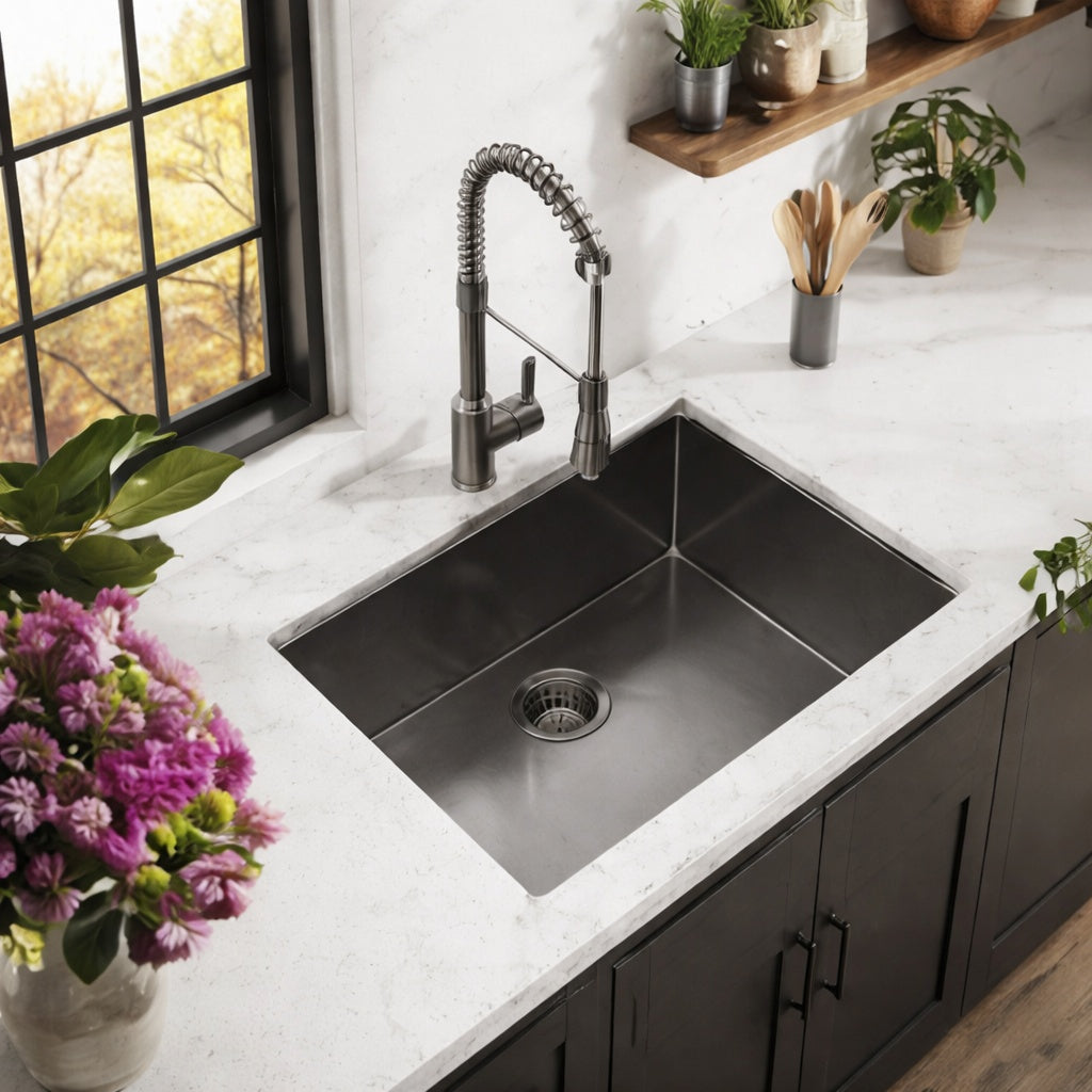 Glacier Bay 27 in Undermount Single Bowl 18 Gauge Gunmetal Black Stainless Steel Kitchen Sink with Black Spring Neck Faucet
