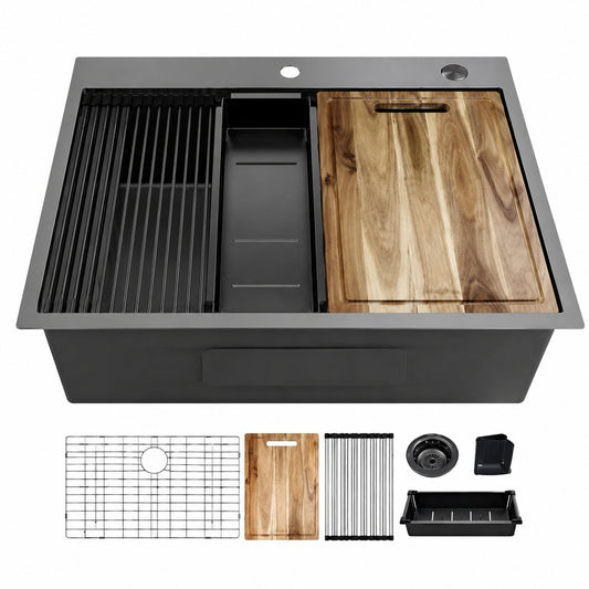 Glacier Bay 27 in Drop In Single Bowl 18 Gauge Gunmetal Black Stainless Steel Workstation Kitchen Sink