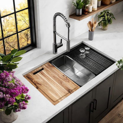 Glacier Bay 30 in Undermount Single Bowl 18 Gauge Gunmetal Black Stainless Steel Workstation Kitchen Sink with Spring Neck Faucet