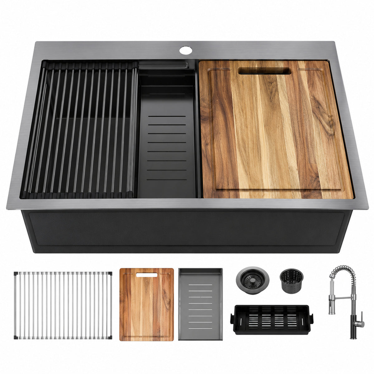 Glacier Bay 30 in Drop In Single Bowl 18 Gauge Gunmetal Black Stainless Steel Workstation Kitchen Sink with Black Spring Neck Faucet ACS3022A1T FW