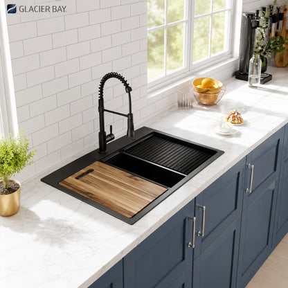 Glacier Bay 30 in Drop In Single Bowl 18 Gauge Gunmetal Black Stainless Steel Workstation Kitchen Sink with Black Spring Neck Faucet