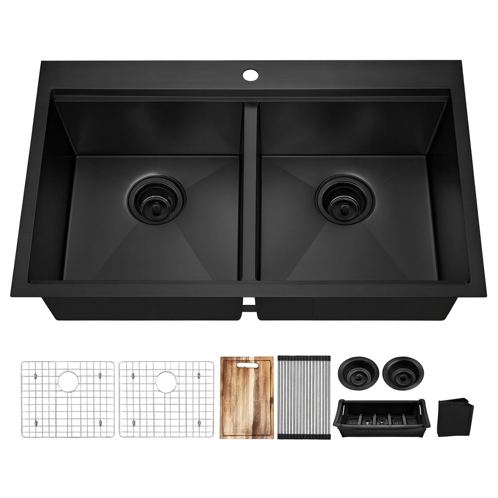 Glacier Bay 33 in Drop-In Double Bowl 18 Gauge Gunmetal Black Stainless Steel Workstation Kitchen Sink with Black Spring Neck Faucet