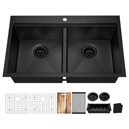 Glacier Bay 33 in Drop-In Double Bowl 18 Gauge Gunmetal Black Stainless Steel Workstation Kitchen Sink with Black Spring Neck Faucet