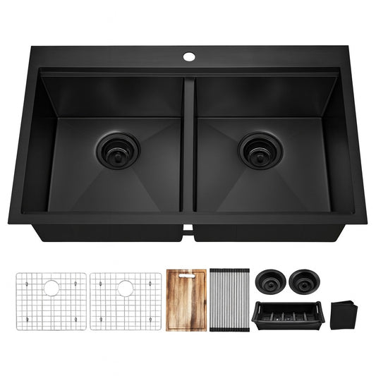 Glacier Bay 33 in Drop-In Double Bowl 18 Gauge Gunmetal Black Stainless Steel Workstation Kitchen Sink with Black Spring Neck Faucet