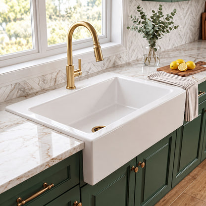 SINKOLOGY Parker 34 in 1 Hole Quick Fit Farmhouse Apron Front Drop In Single Bowl Crisp White Fireclay Kitchen Sink