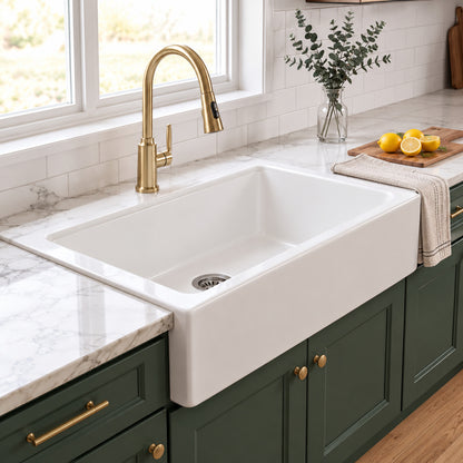 SINKOLOGY Parker 34 in 1 Hole Quick Fit Farmhouse Apron Front Drop In Single Bowl Crisp White Fireclay Kitchen Sink SK450 34FC 1