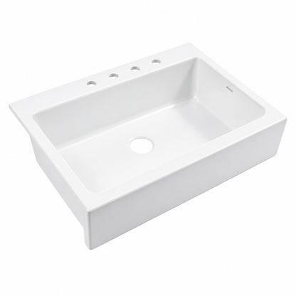 SINKOLOGY Parker 34 in 4 Hole Quick Fit Farmhouse Apron Front Drop In Single Bowl Crisp White Fireclay Kitchen Sink SK450 34FC 4R