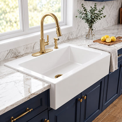 SINKOLOGY Parker 34 in 4 Hole Quick Fit Farmhouse Apron Front Drop In Single Bowl Crisp White Fireclay Kitchen Sink SK450 34FC 4R