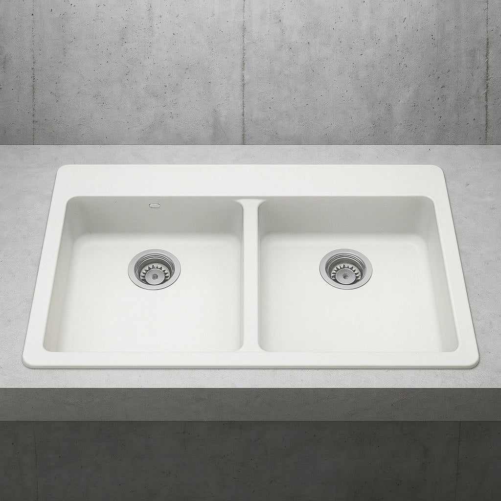 Stonehaven 33 in. Drop-In 50/50 Double Bowl White Ice Granite Composite Kitchen Sink with White Strainer