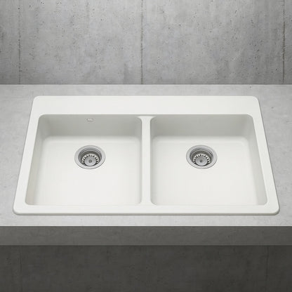 Stonehaven 33 in. Drop-In 50/50 Double Bowl White Ice Granite Composite Kitchen Sink with White Strainer