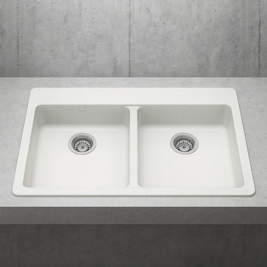 Stonehaven 33 in. Drop-In 50/50 Double Bowl White Ice Granite Composite Kitchen Sink with White Strainer