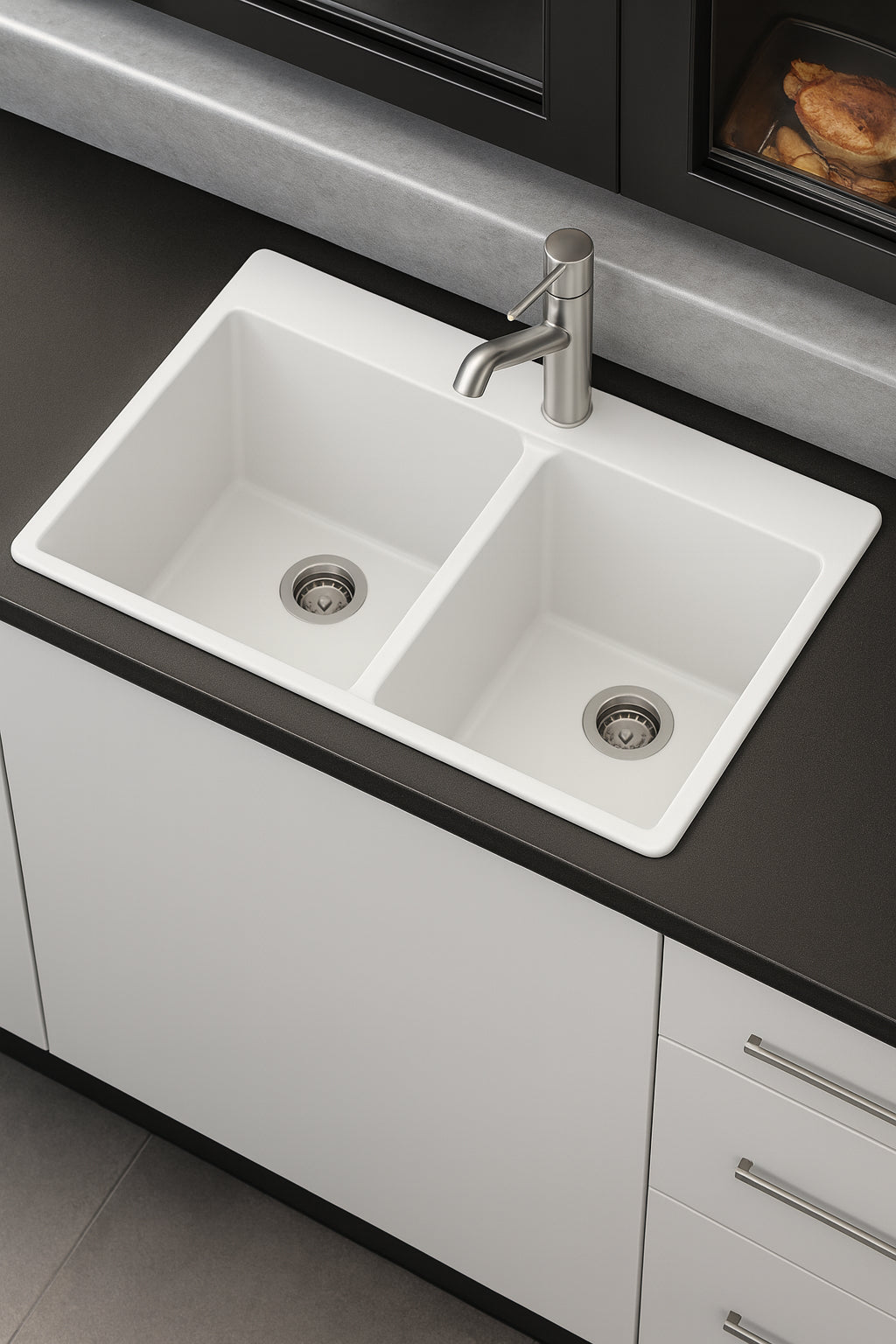 Stonehaven 33 in. Drop-In 50/50 Double Bowl White Ice Granite Composite Kitchen Sink with White Strainer