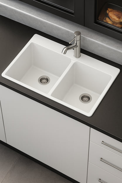 Stonehaven 33 in. Drop-In 50/50 Double Bowl White Ice Granite Composite Kitchen Sink with White Strainer