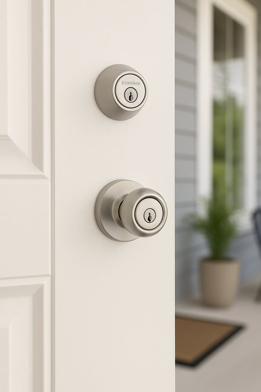 Cove Satin Nickel Keyed Entry Door Knob and Single Cylinder Deadbolt Project Pack featuring SmartKey and Microban T242CV15SMTCPCO