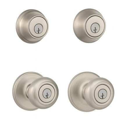 Cove Satin Nickel Keyed Entry Door Knob and Single Cylinder Deadbolt Project Pack featuring SmartKey and Microban T242CV15SMTCPCO