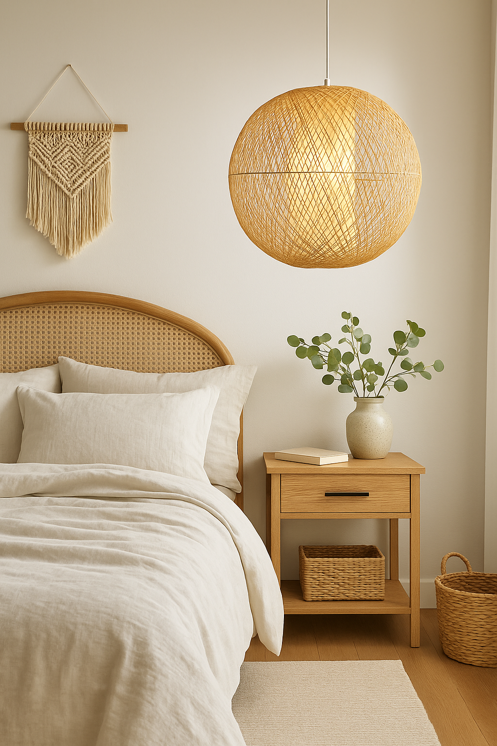 Globe Electric 1 Light White Pendant with Natural Rattan Shade and Designer White Cloth Cord Vintage Incandescent Bulb Included 61014/317665615 58219610145 Globe Electric
