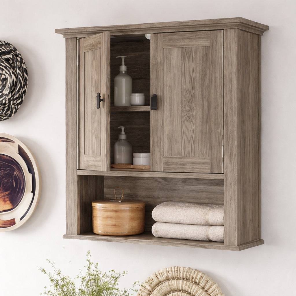 RiverRidge Home Hayward 22 81 in W x 7 88 in D x 24 5 in H Bathroom Storage Wall Cabinet and Medicine Cabinet in Light Woodgrain