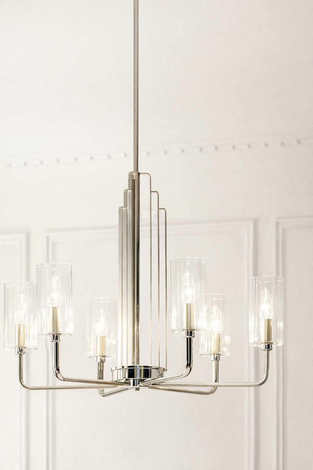 Kichler Kimrose 27 In 6 Lights Polished Nickel And Satin Nickel Art Deco Candlestick Cylinder Chandelier For Dining Room