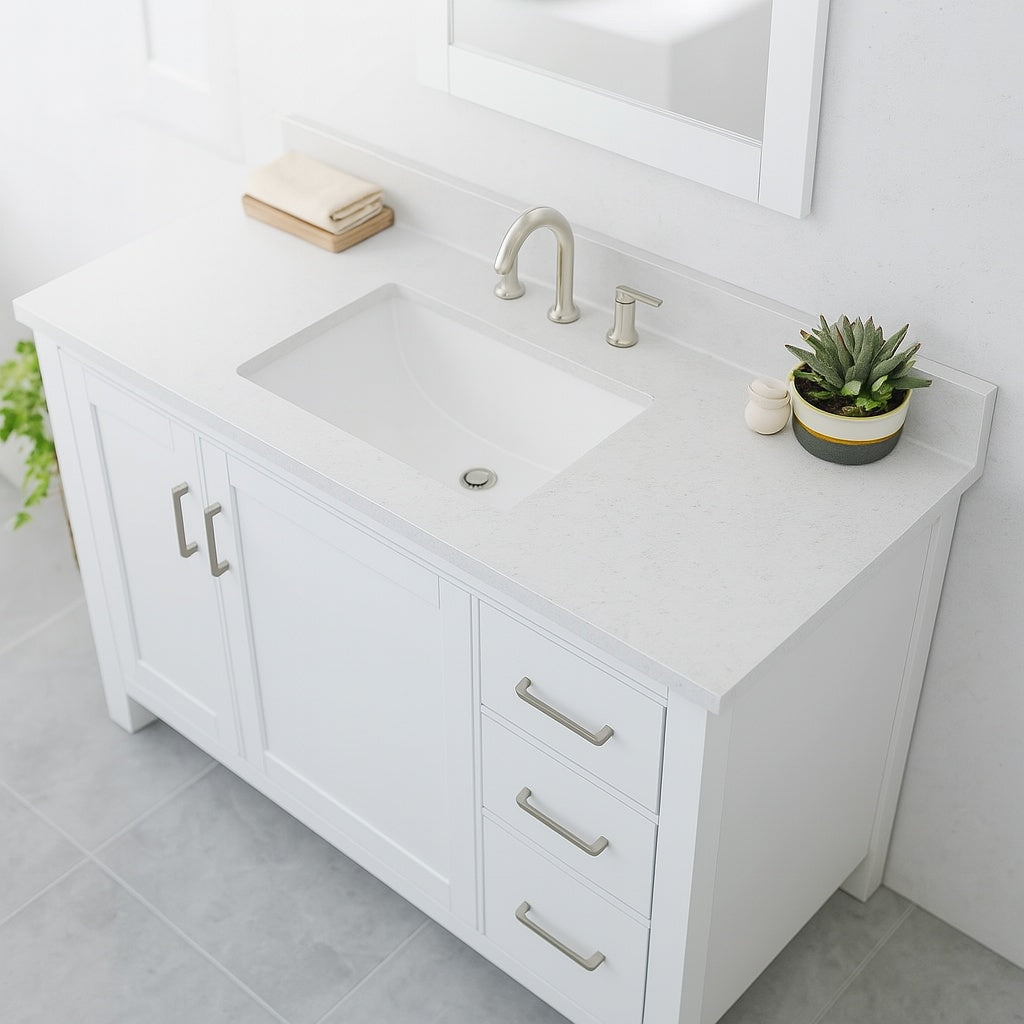 49 In W X 22 In D Quartz Vanity Top In Snow Orchid With White Ceramic Rectangular Single Sink Bt49Bq1388 Rs