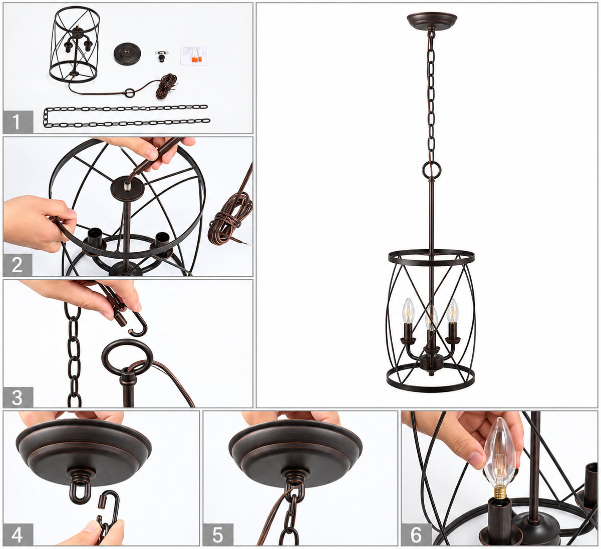 LNC Farmhouse Chandelier Bronze Industrial 3 Light Drum Cage Candlestick Dining Room High Ceiling Pendant Chandelier MNQQMNHD13601I6