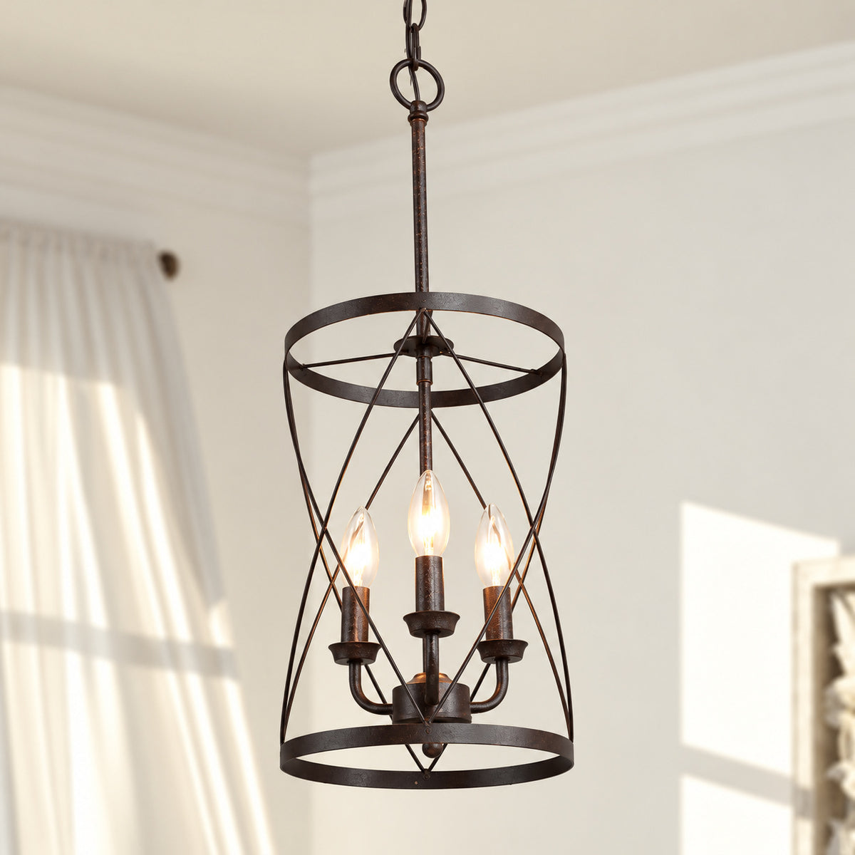 LNC Farmhouse Chandelier Bronze Industrial 3 Light Drum Cage Candlestick Dining Room High Ceiling Pendant Chandelier MNQQMNHD13601I6