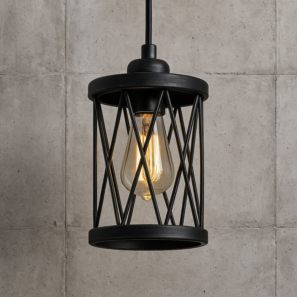 LNC Modern Industrial Brushed Black Lantern Cage Pendant Light Kitchen Island 1-Light Hanging Lamp with Cylinder Metal Shade